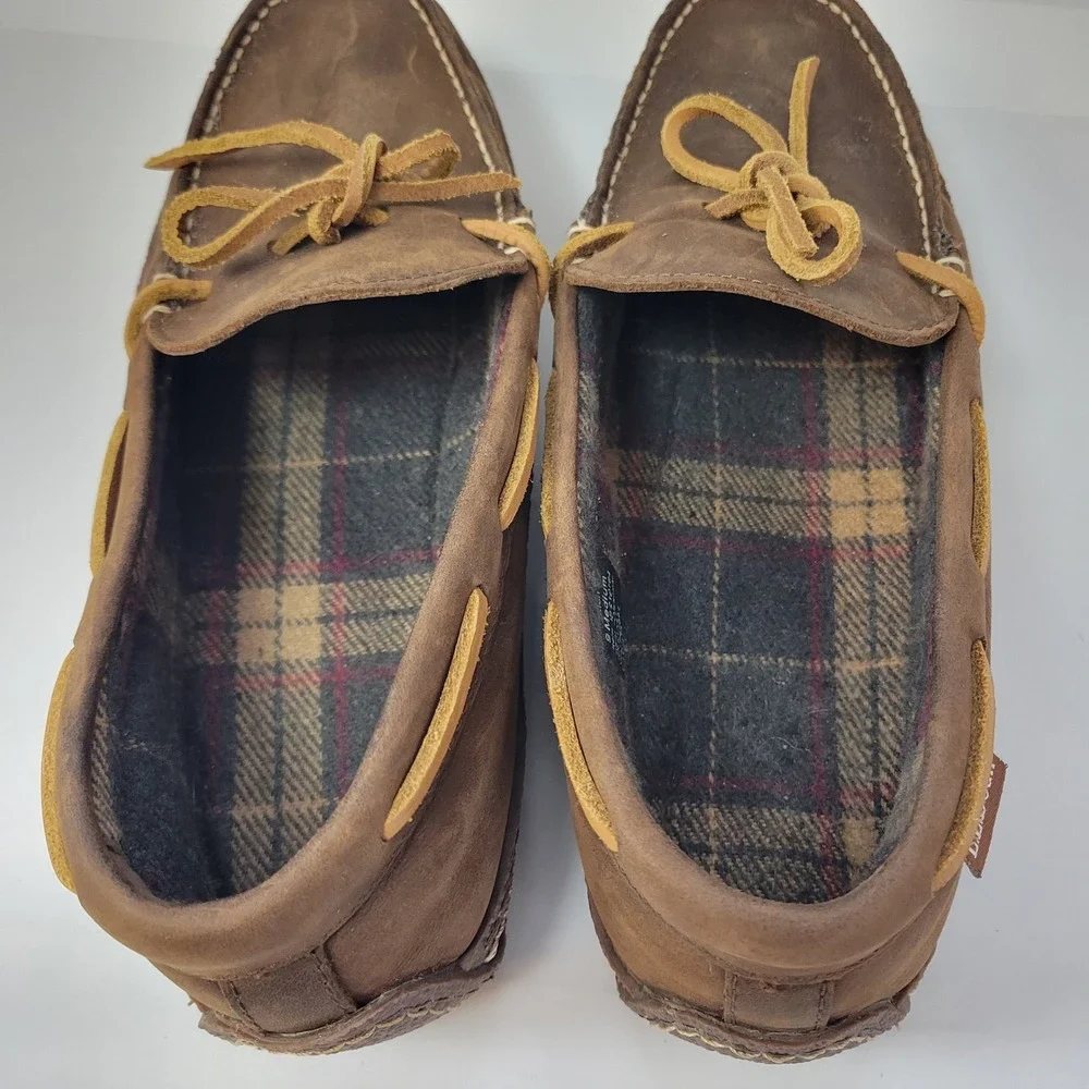 LL Bean Mens Brown‎ Leather Moccasin Slippers Cozy Plaid Lined Size 9